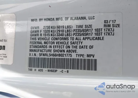 2017 Honda Odyssey Ex-L из США, поврежденный, VIN 5FNRL5H66HB021775